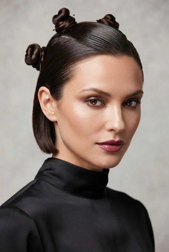 The Slicked-Back Twin Knot Updo — easy updos for short hair style outfit