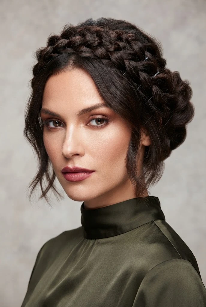 The Braided Halo Wedge Updo — easy updos for short hair style outfit