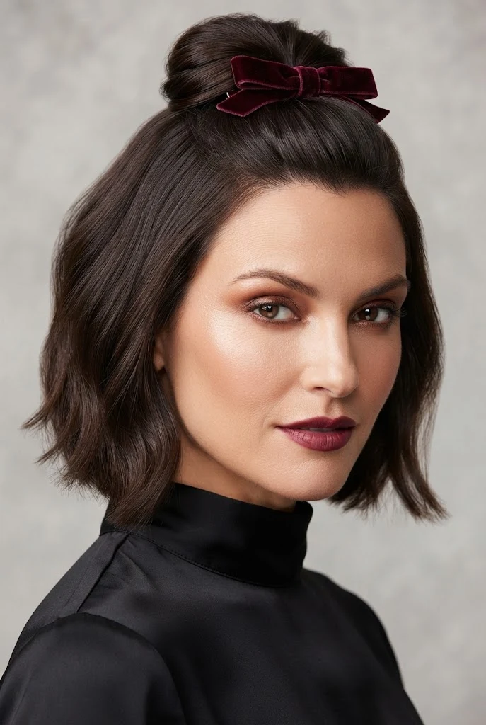 The Velvet Bow Half-Up Tuck — easy updos for short hair style outfit