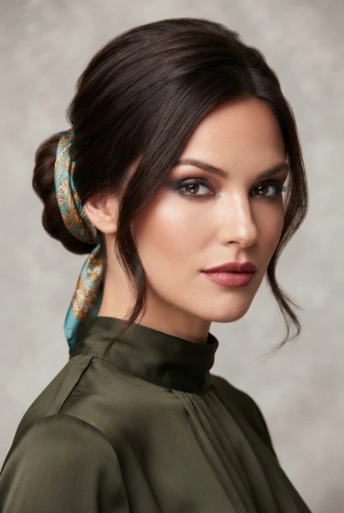 The Scarf-Woven French Roll Tuck — easy updos for short hair style outfit