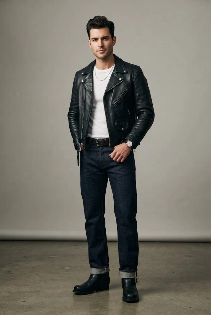 The 1950s Greaser: Leather Jacket, White Tee, and Dark Denim — Everyday Outfits for Men style outfit, worn by a stylish man