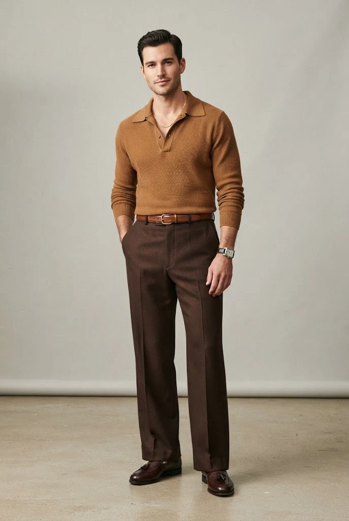 The 1970s Leisure Suit: Open-Collar Polo, Tailored Trousers, and Retro Loafers — Everyday Outfits for Men style outfit, worn by a stylish man