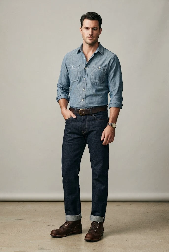 The Rugged Denim-on-Denim: Chambray Shirt, Raw Jeans, and Work Boots — Everyday Outfits for Men style outfit, worn by a stylish man