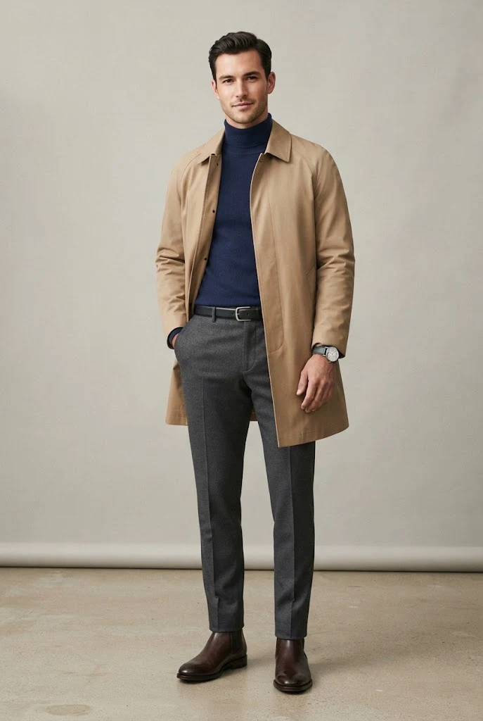 The Smart Transitional: Mac Coat, Merino Rollneck, and Tailored Trousers — Everyday Outfits for Men style outfit, worn by a stylish man