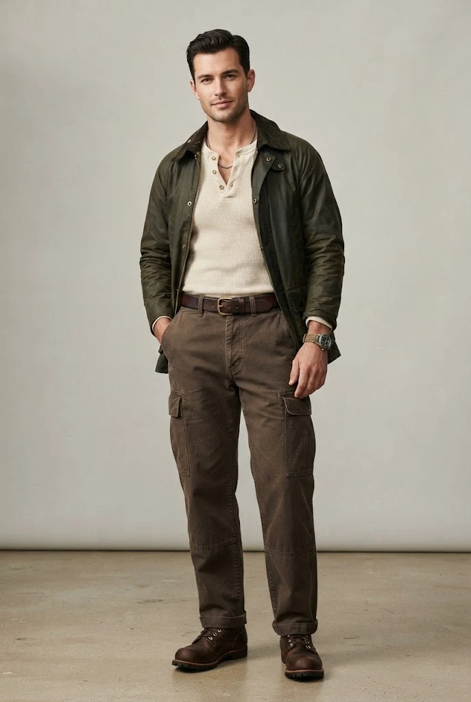 The Americana Heritage: Waxed Jacket, Heavy Henley, and Cargo Trousers — Everyday Outfits for Men style outfit, worn by a stylish man