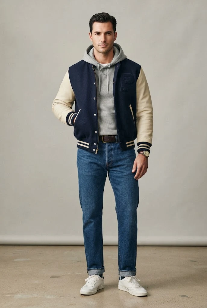 The East Coast Prep: Varsity Jacket, Hoodie, and Straight-Leg Denim — Everyday Outfits for Men style outfit, worn by a stylish man