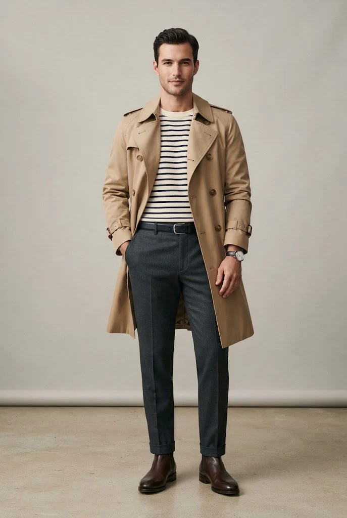 The Parisian Chic: Trench Coat, Striped Tee, and Tailored Trousers — Everyday Outfits for Men style outfit, worn by a stylish man
