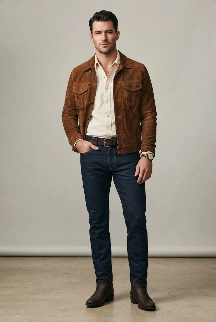 The Rugged West: Suede Trucker Jacket, Pearl-Snap Shirt, and Slim Denim — Everyday Outfits for Men style outfit, worn by a stylish man