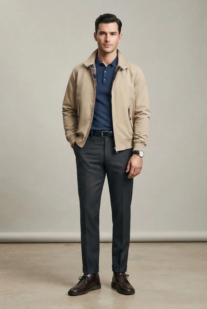 The British Mod: Harrington Jacket, Slim Polo, and Sta-Prest Trousers — Everyday Outfits for Men style outfit, worn by a stylish man