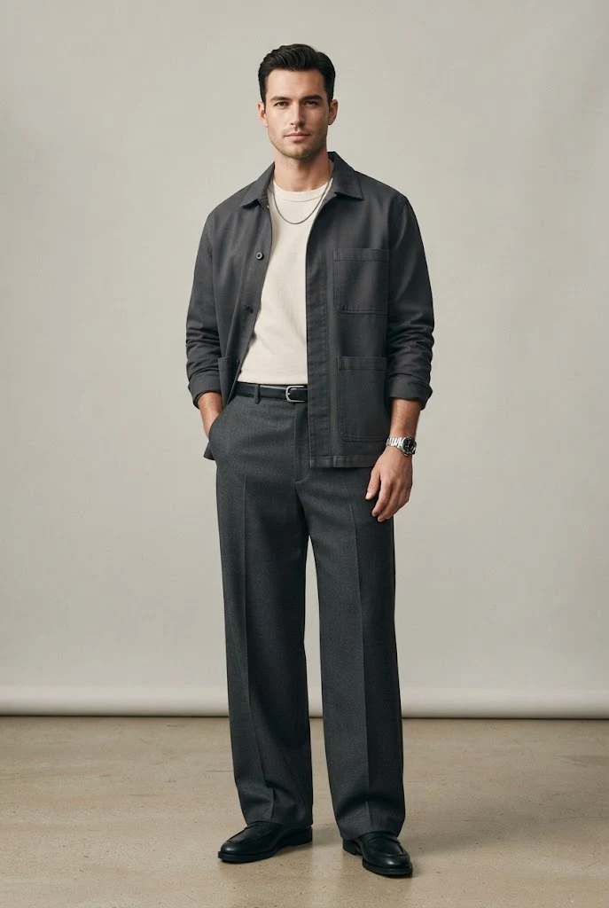The Modern Minimalist: Boxy Overshirt, Tee, and Wide-Leg Trousers — Everyday Outfits for Men style outfit, worn by a stylish man