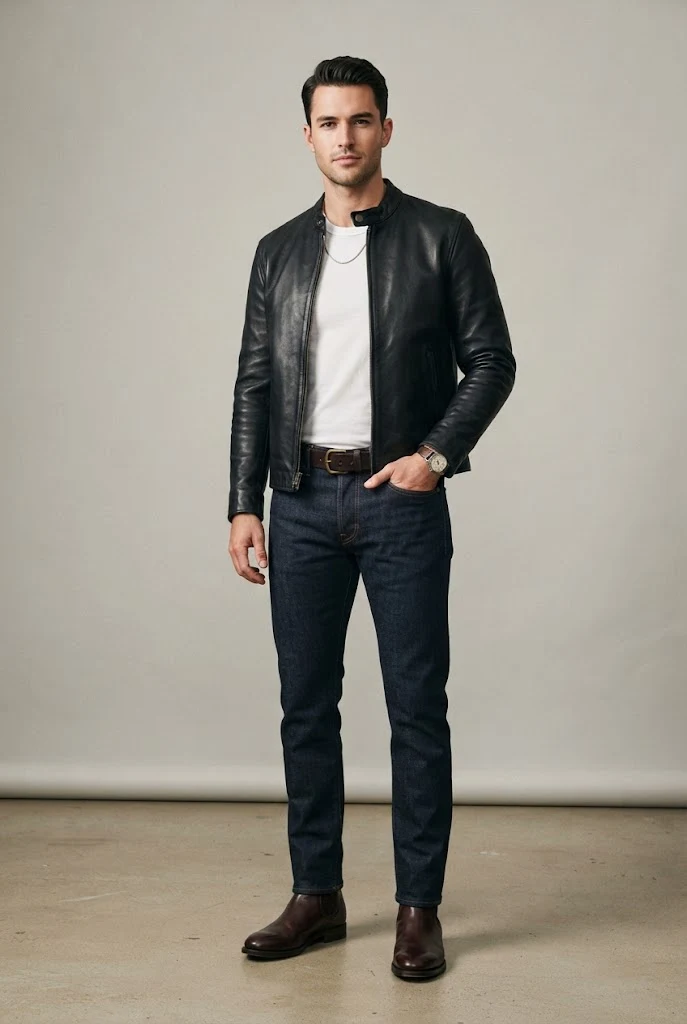 The Classic Biker: Cafe Racer Jacket, Plain Tee, and Slim Jeans — Everyday Outfits for Men style outfit, worn by a stylish man