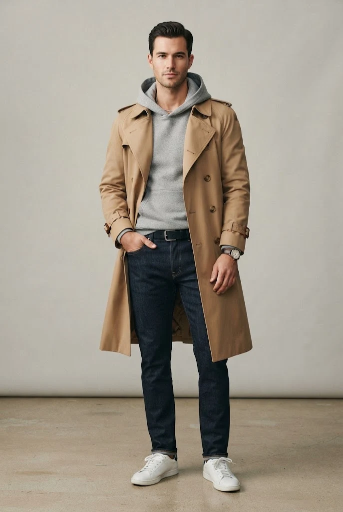 The Weekend Duster: Long Trench Coat, Hoodie, and Slim Jeans — Everyday Outfits for Men style outfit, worn by a stylish man
