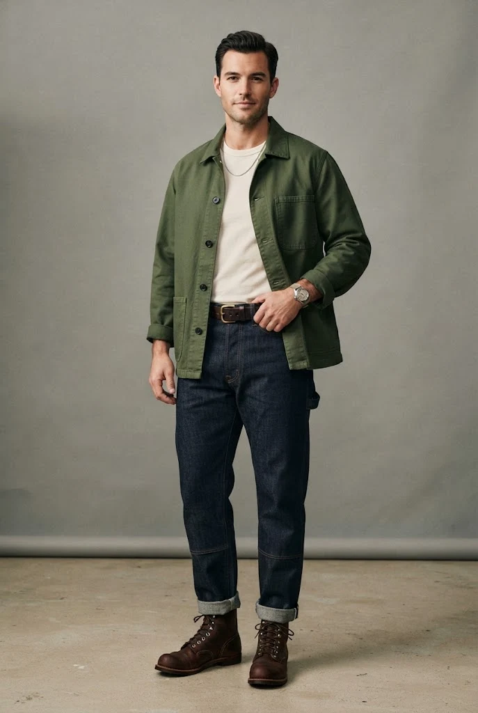 The Modern Workwear: Chore Coat, Heavy Tee, and Utility Pants — Everyday Outfits for Men style outfit, worn by a stylish man