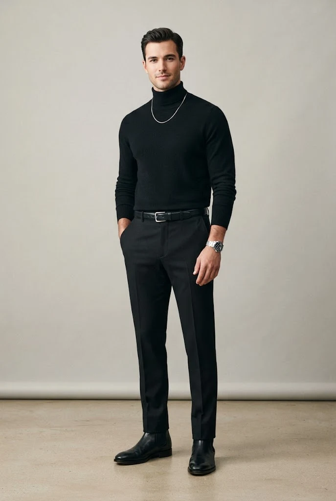 The Minimalist Monochrome: Black Turtleneck, Slim Trousers, and Chelsea Boots — Everyday Outfits for Men style outfit, worn by a stylish man