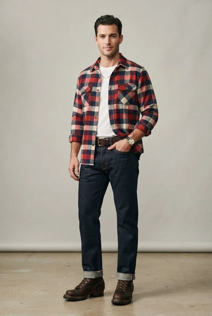 The Heritage Outdoorsman: Flannel Shirt, Selvedge Denim, and Logger Boots — Everyday Outfits for Men style outfit, worn by a stylish man