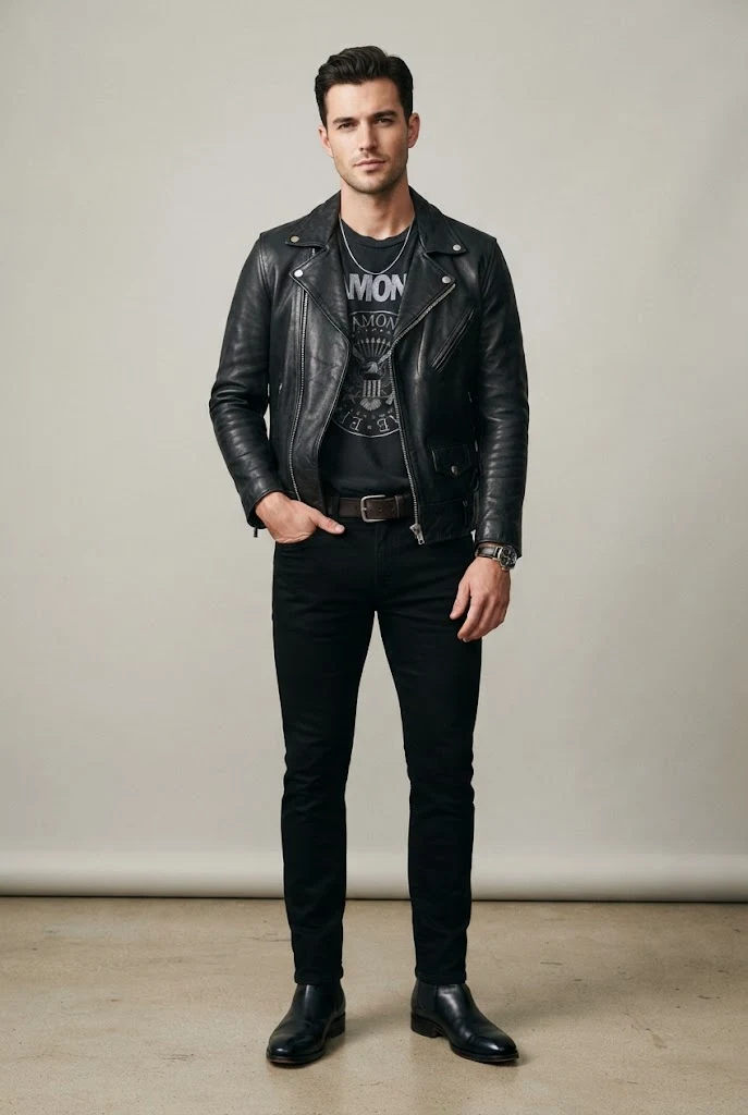 The Downtown Rocker: Leather Biker Jacket, Band Tee, and Slim Black Jeans — Everyday Outfits for Men style outfit, worn by a stylish man