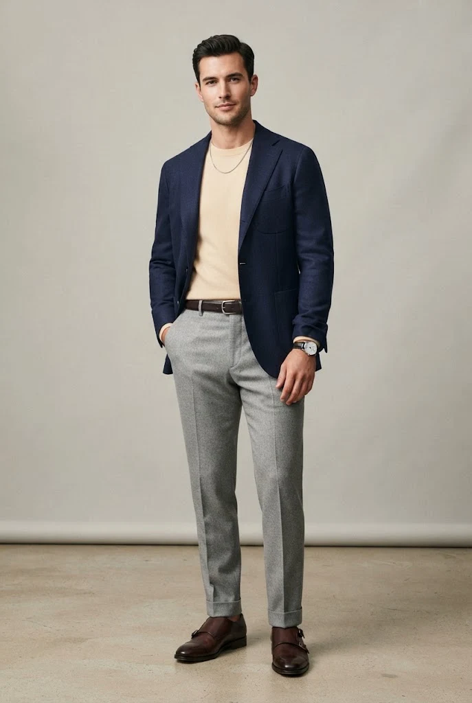 The Smart Casual Sharp: Unstructured Blazer, Crewneck Knit, and Tailored Trousers — Everyday Outfits for Men style outfit, worn by a stylish man