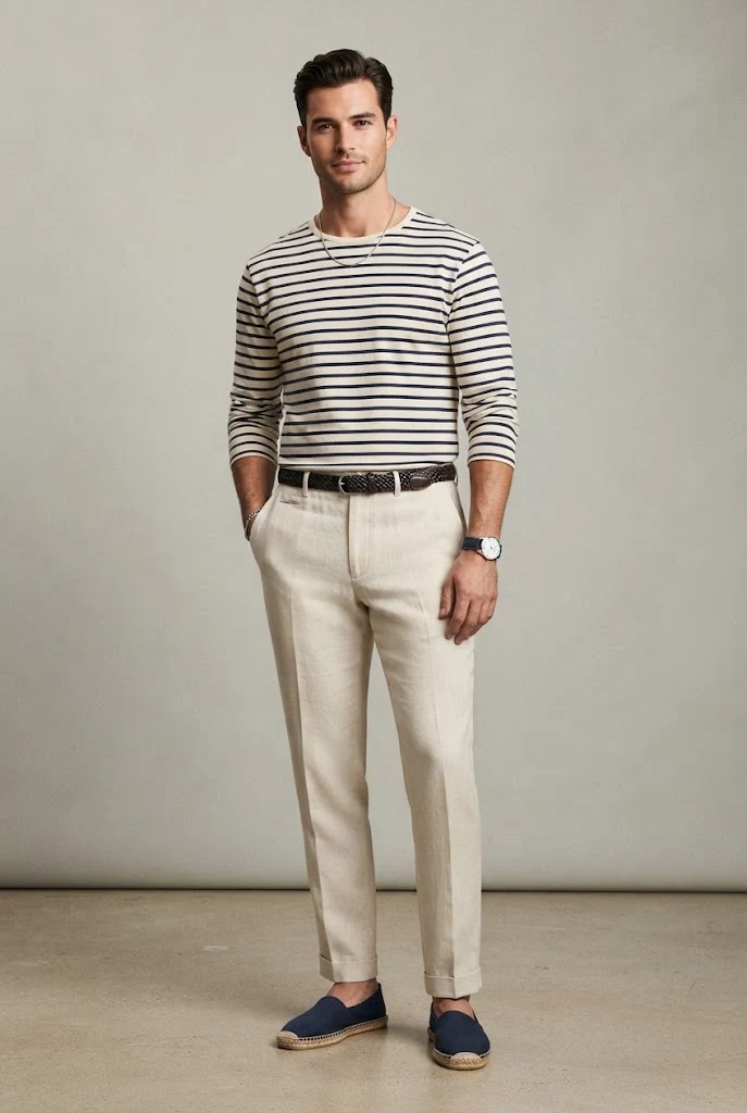 The Coastal Prep: Striped Breton Shirt, Linen Trousers, and Canvas Espadrilles — Everyday Outfits for Men style outfit, worn by a stylish man
