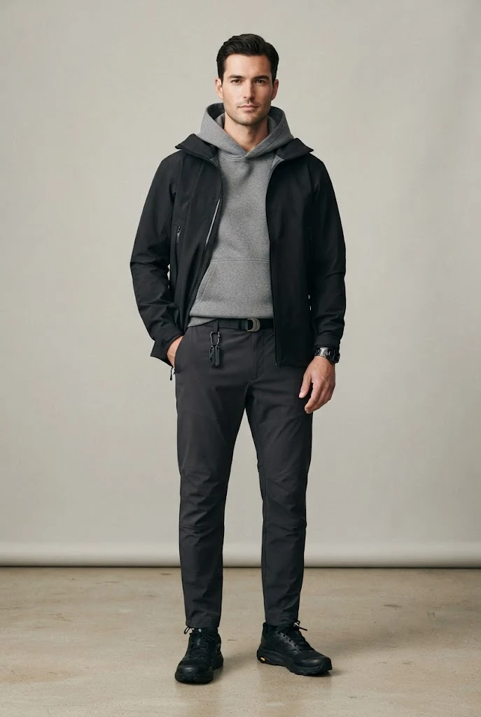 The Modern Urbanite: Technical Shell, Hoodie, and Technical Trousers — Everyday Outfits for Men style outfit, worn by a stylish man
