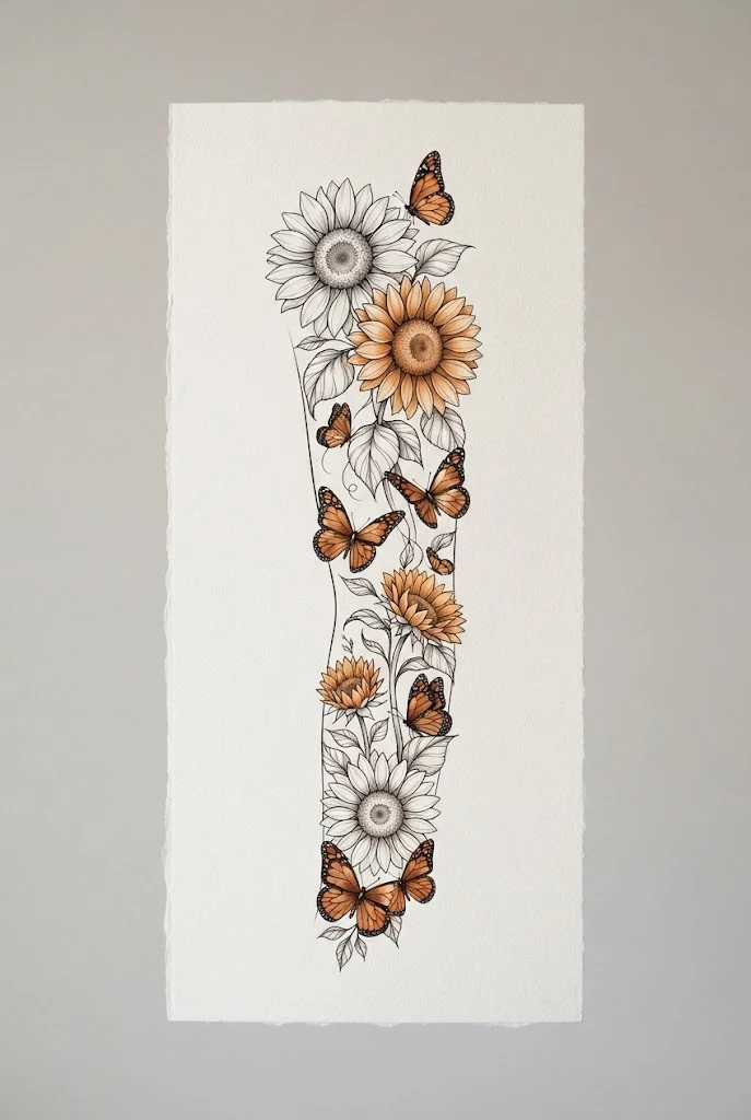 Sunflower and Copper Butterfly Sleeve — flower and butterfly tattoo sleeve style outfit