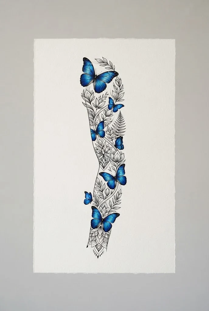 Geometric Botanicals and Morpho Arm — flower and butterfly tattoo sleeve style outfit