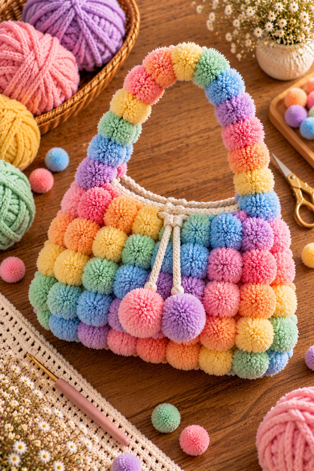Rainbow Pom-Pom Crochet Bag — fluffy crochet bag style outfit