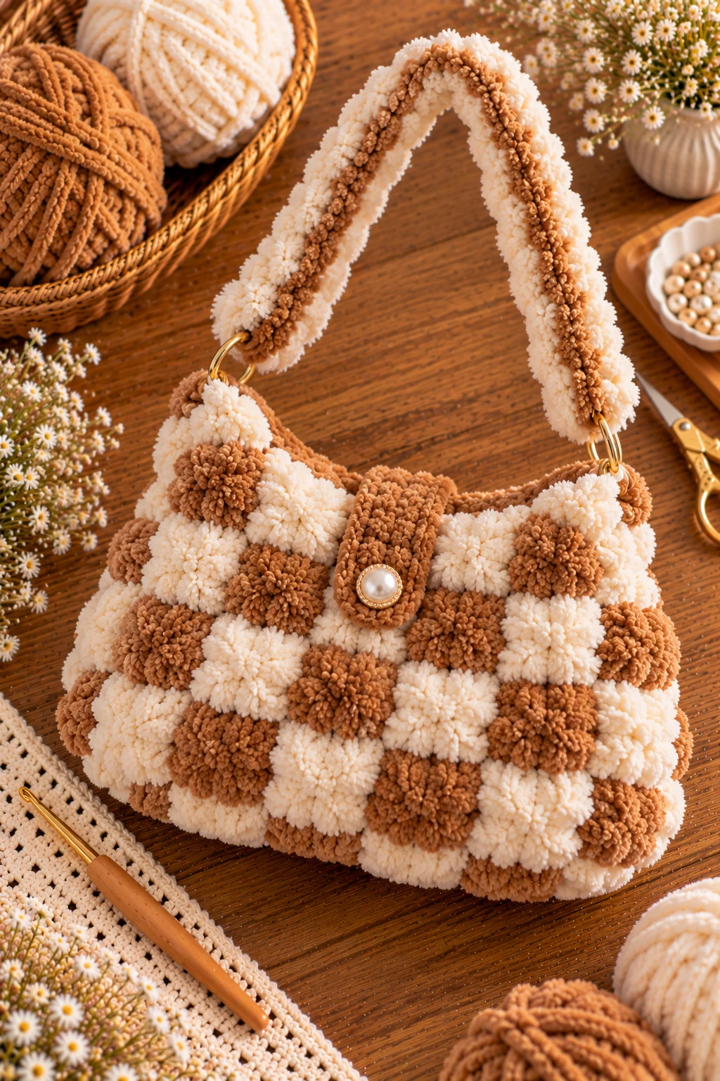 Cream and Caramel Fuzzy Shoulder Bag — fluffy crochet bag style outfit