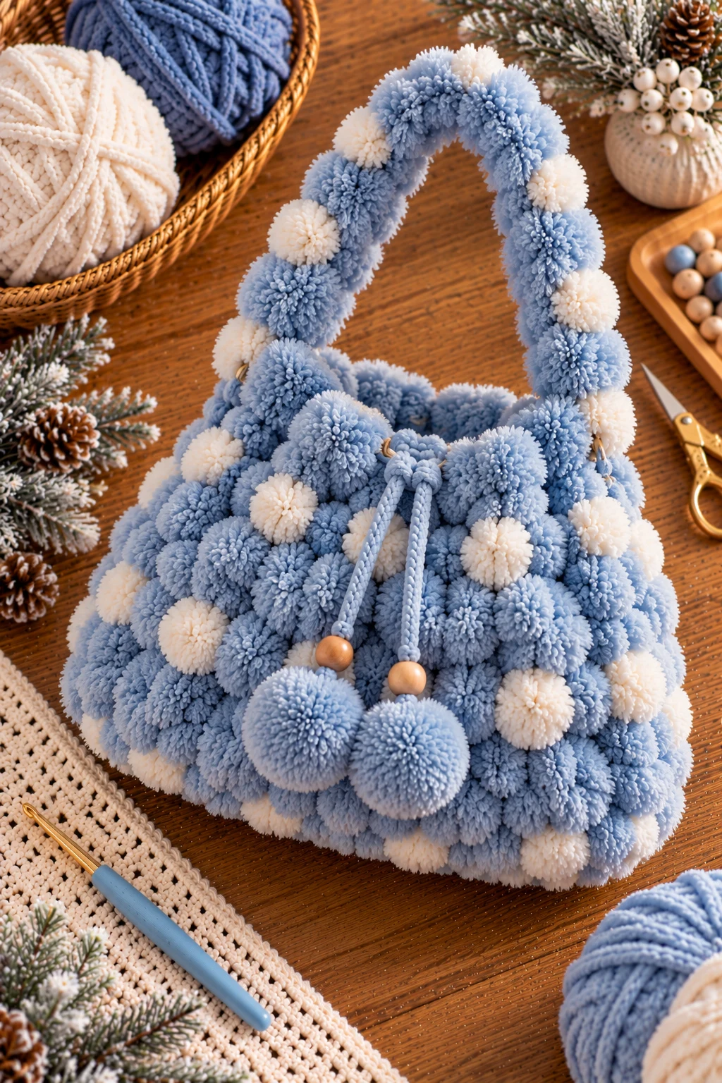 Blue Winter Fluffy Crochet Bag — fluffy crochet bag style outfit