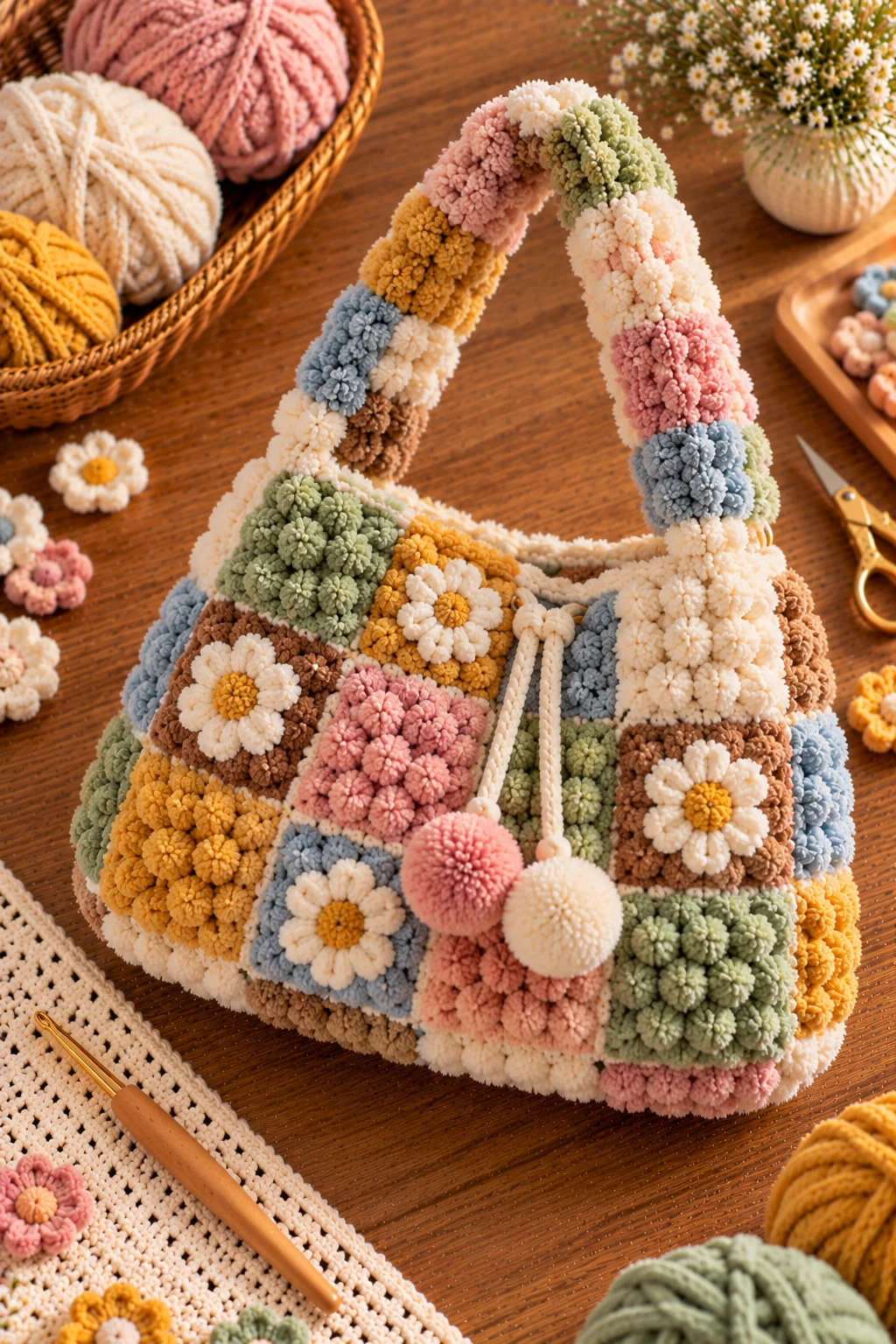 Patchwork Puffy Crochet Bag — fluffy crochet bag style outfit