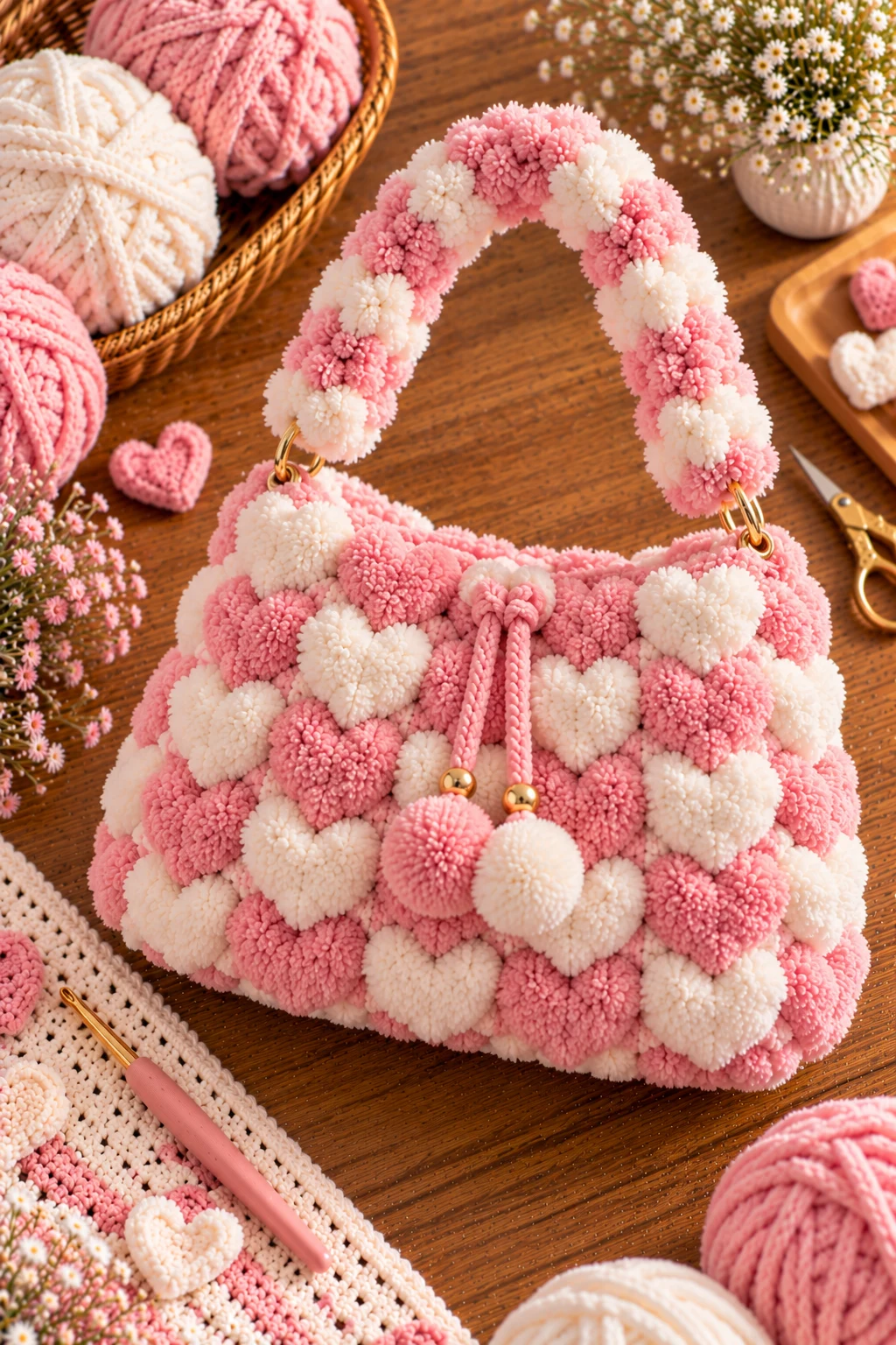 Pink and White Fuzzy Heart Bag — fluffy crochet bag style outfit
