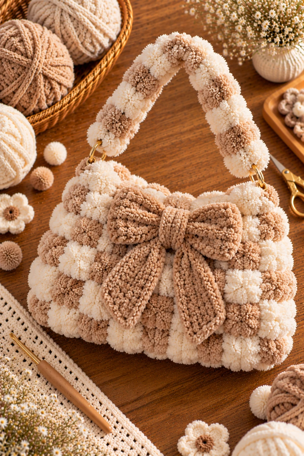 Neutral Fluffy Crochet Bag With a Bow — fluffy crochet bag style outfit