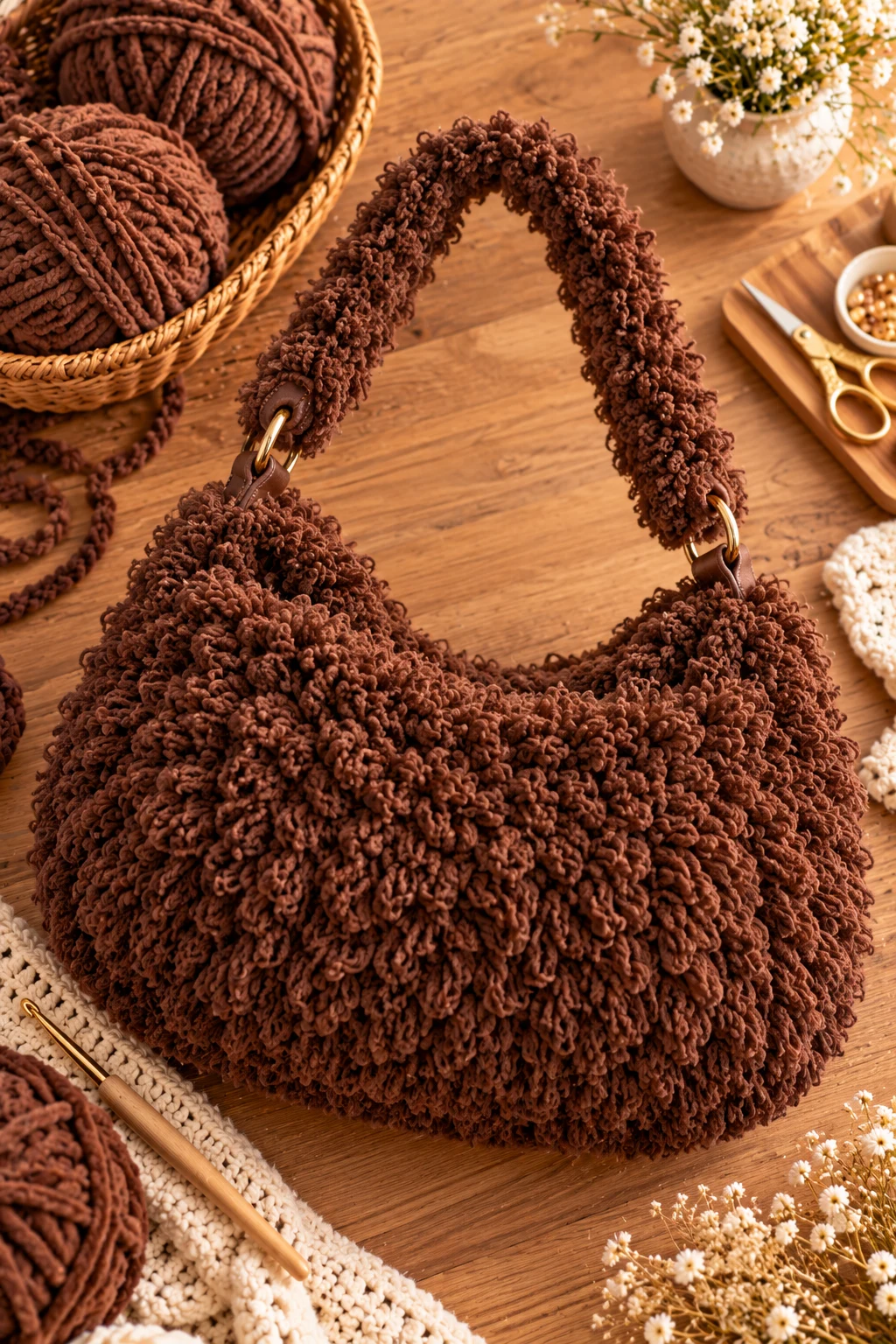Chocolate Brown Shaggy Shoulder Bag — fluffy crochet bag style outfit