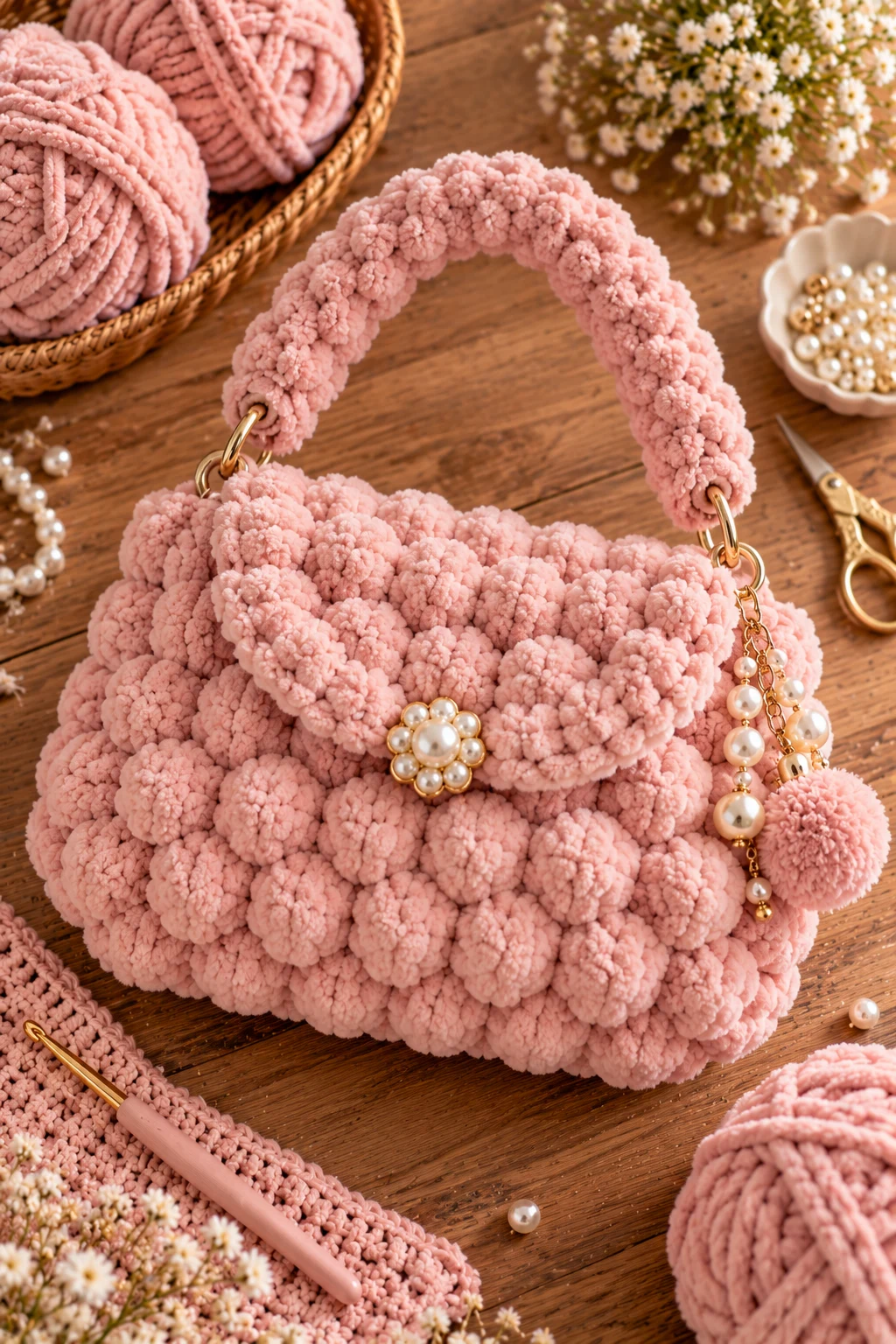 Blush Pink Puffy Crochet Bag — fluffy crochet bag style outfit