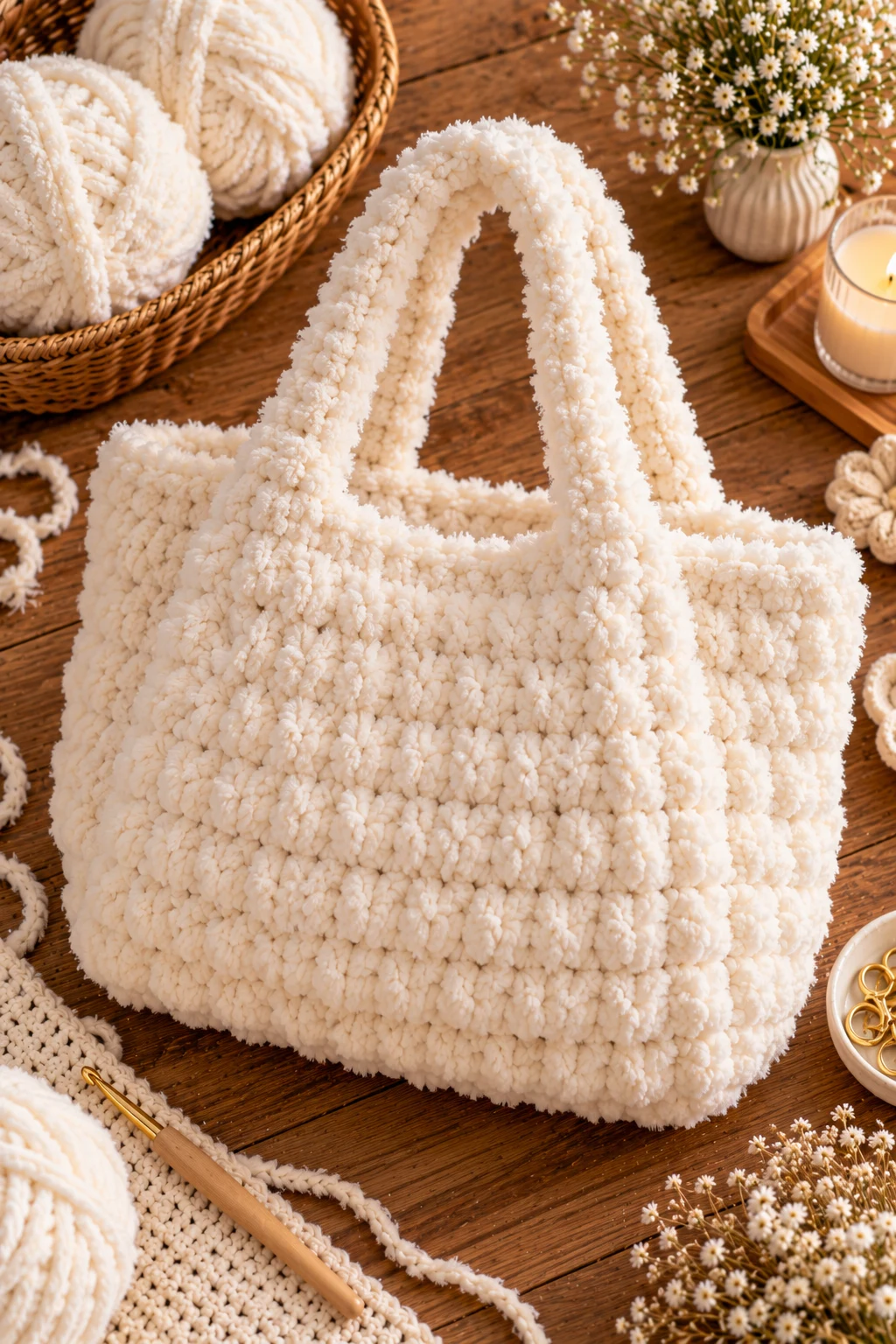Ivory Fuzzy Crochet Tote — fluffy crochet bag style outfit