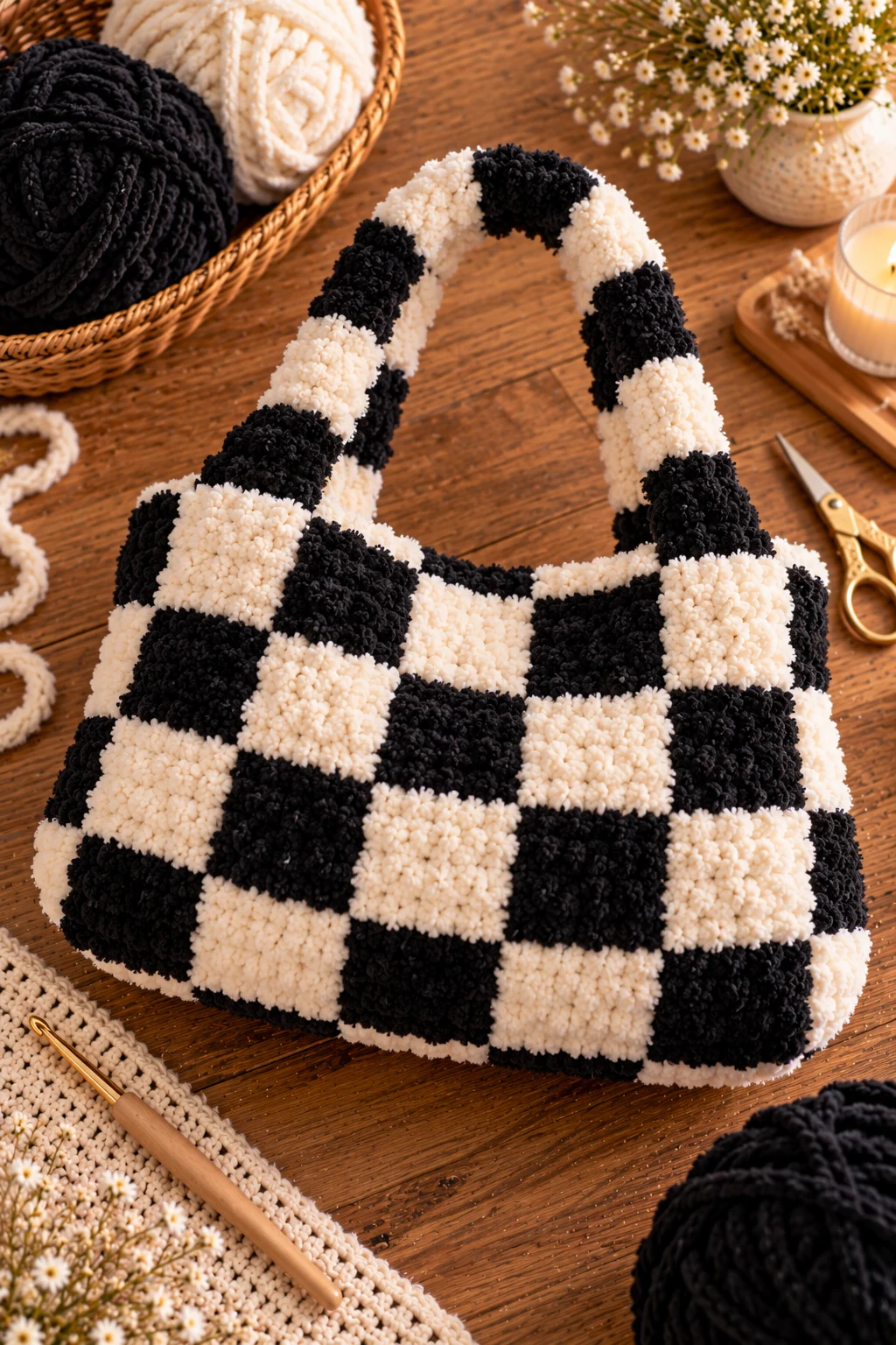 Black-and-Cream Checkerboard Bag — fluffy crochet bag style outfit