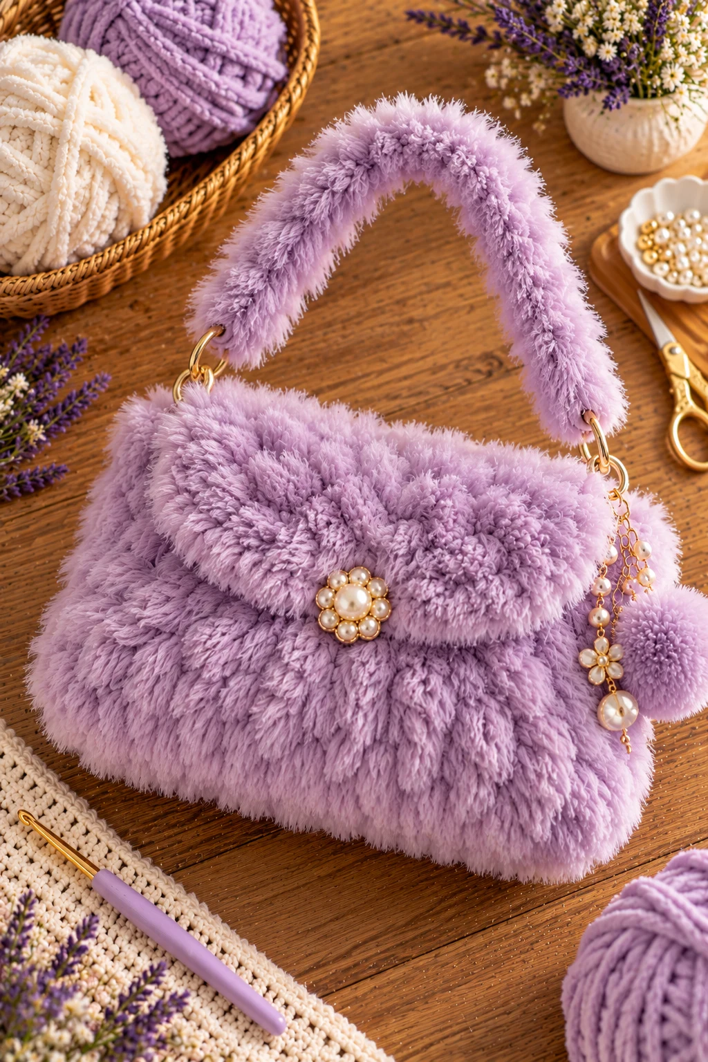 Lavender Crochet Fur Bag — fluffy crochet bag style outfit