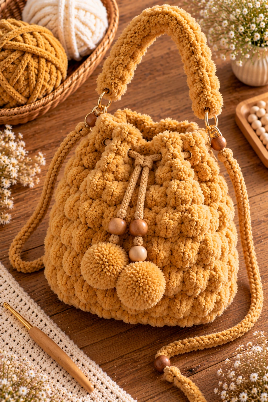 Honey Gold Fluffy Bucket Bag — fluffy crochet bag style outfit