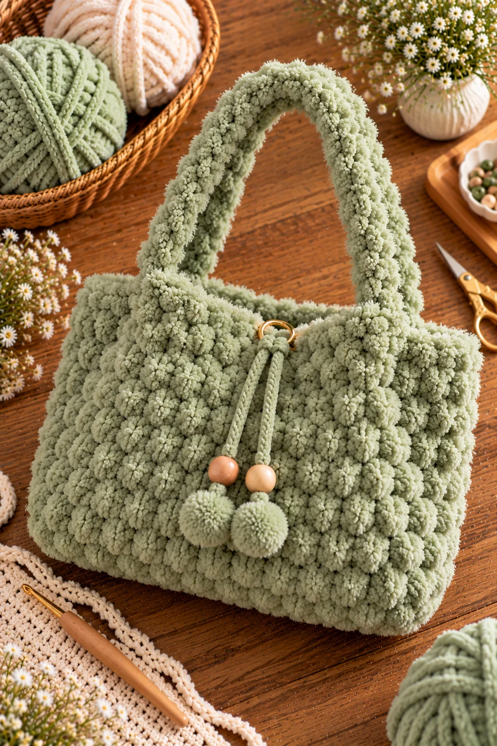Sage Green Soft Crochet Bag — fluffy crochet bag style outfit
