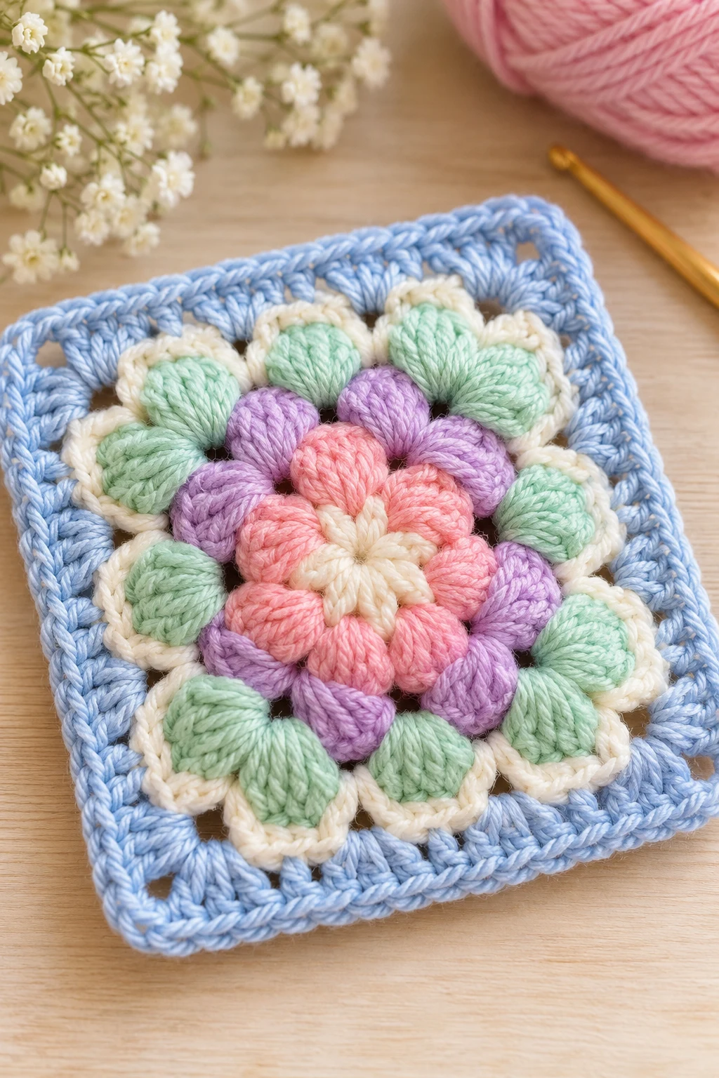The Pastel Puff Stitch Granny Square — free granny square crochet pattern