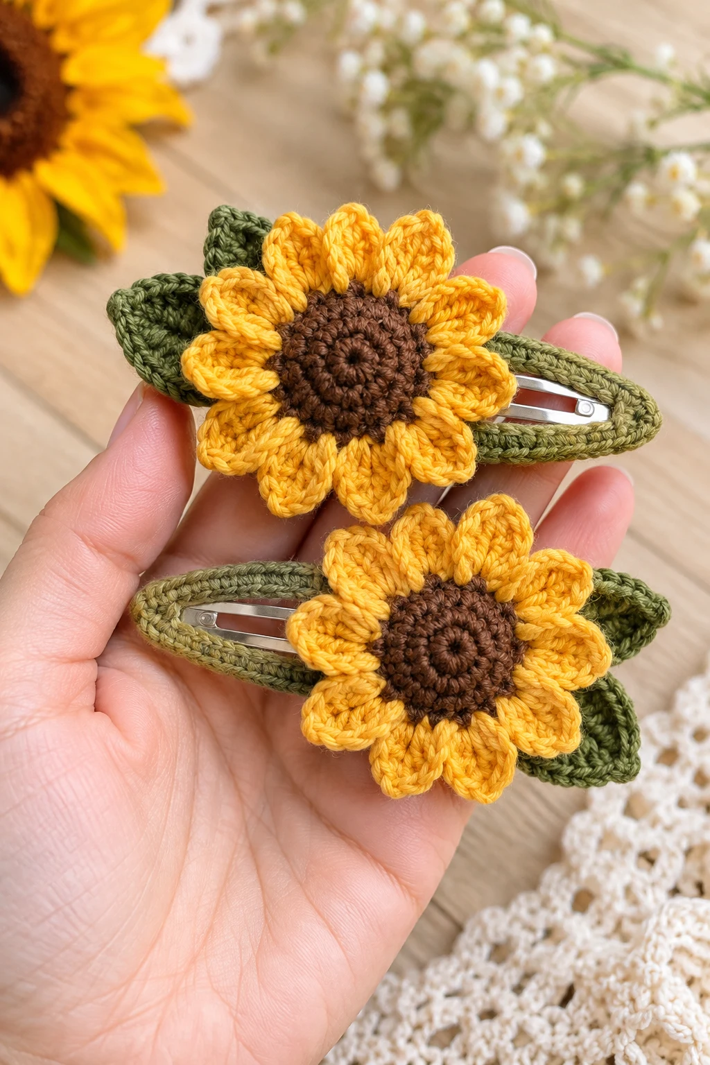 Crochet Sunflower Hair Clips — fun crochet projects style outfit