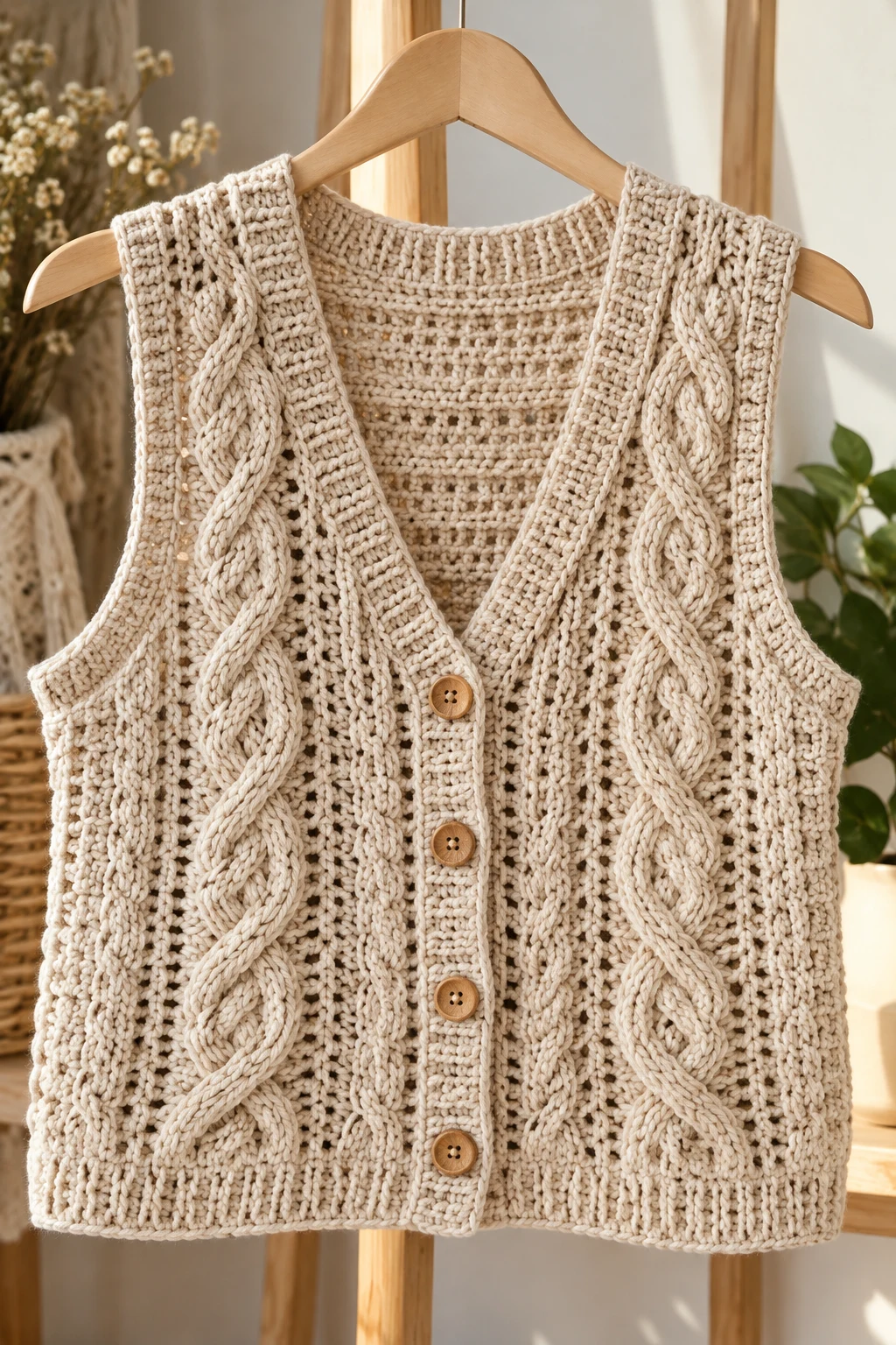 Textured Cable-Stitch Crochet Vest — gilet crochet style outfit