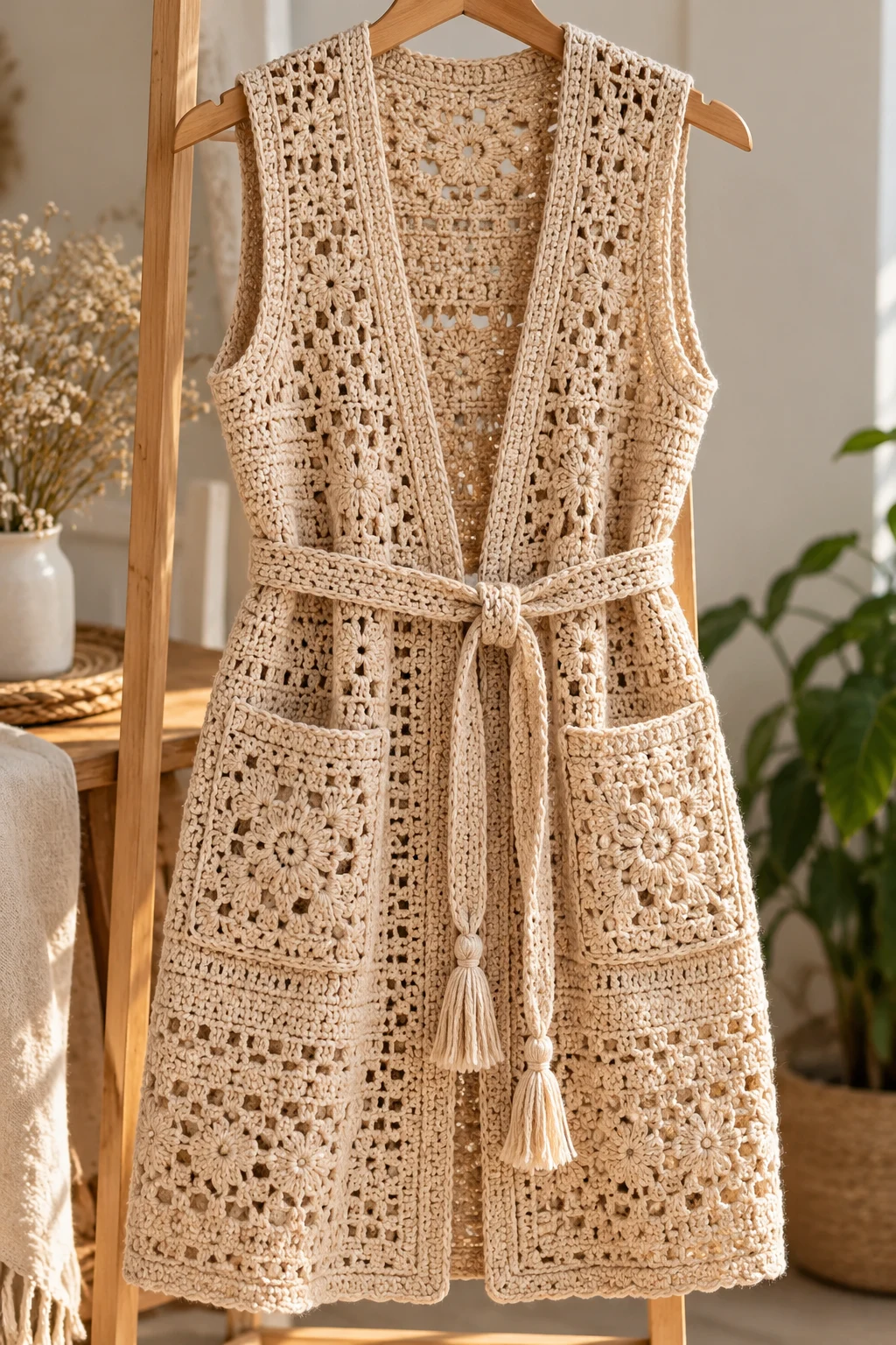 Elegant Belted Crochet Long Vest — gilet crochet style outfit