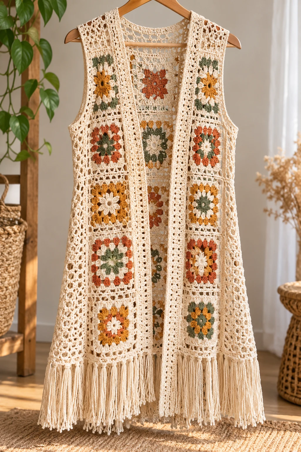 Long Boho Crochet Vest — gilet crochet style outfit