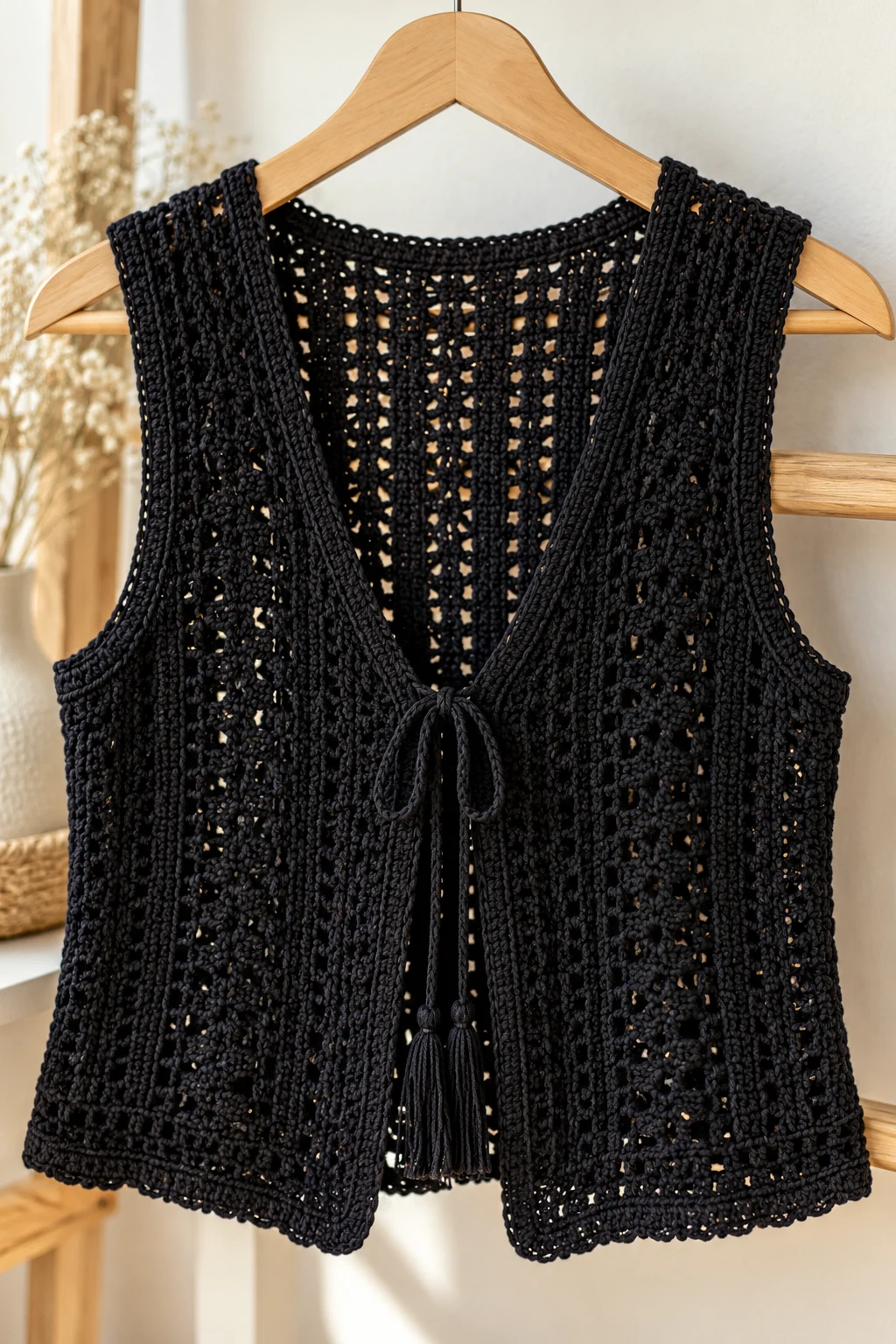 Black Minimalist Crochet Vest — gilet crochet style outfit