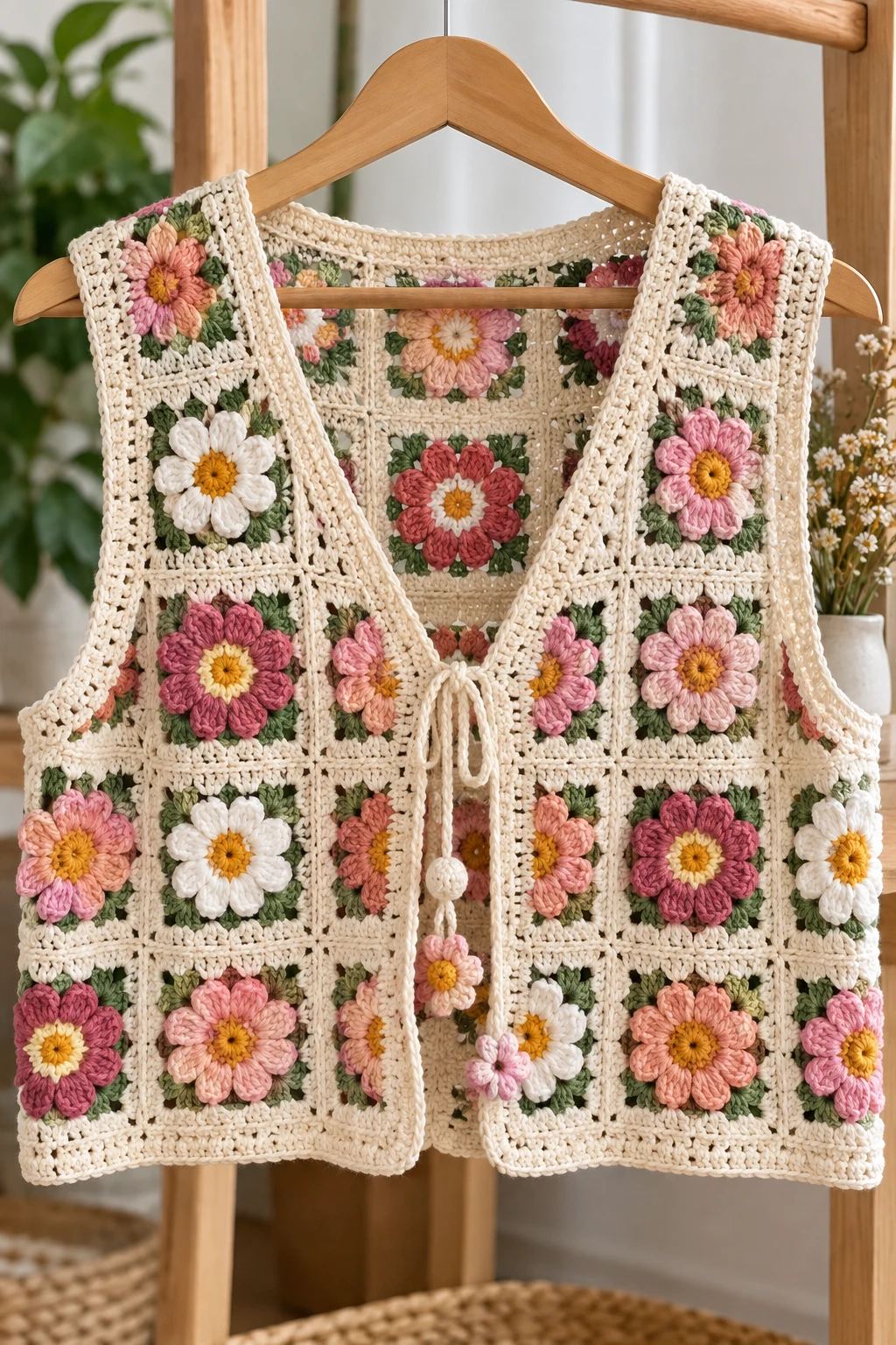 Floral Granny Square Vest — gilet crochet style outfit