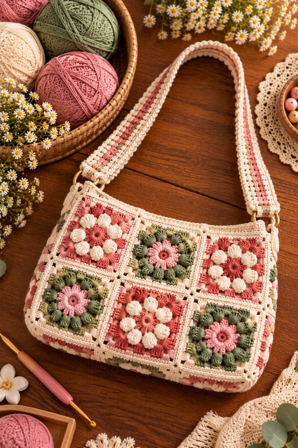 Mini Granny Square Shoulder Bag — granny square crochet bag pattern style outfit