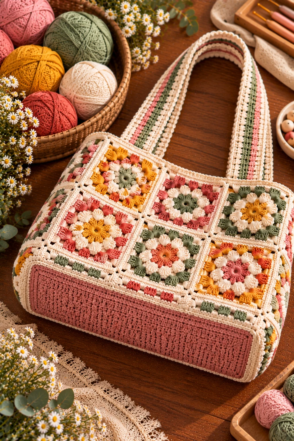 Granny Square Bag With a Rectangle Base — granny square crochet bag pattern style outfit