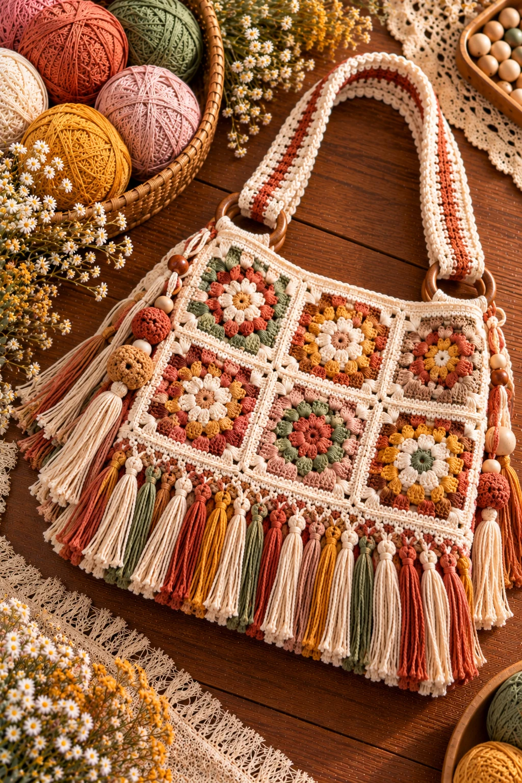 Boho Fringe Square Bag — granny square crochet bag pattern style outfit