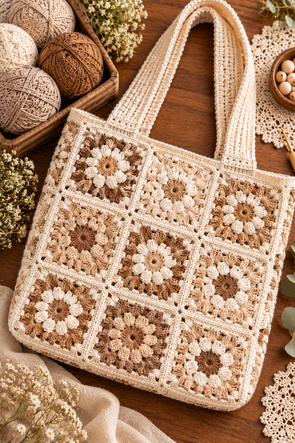 Minimalist Neutral Square Tote — granny square crochet bag pattern style outfit