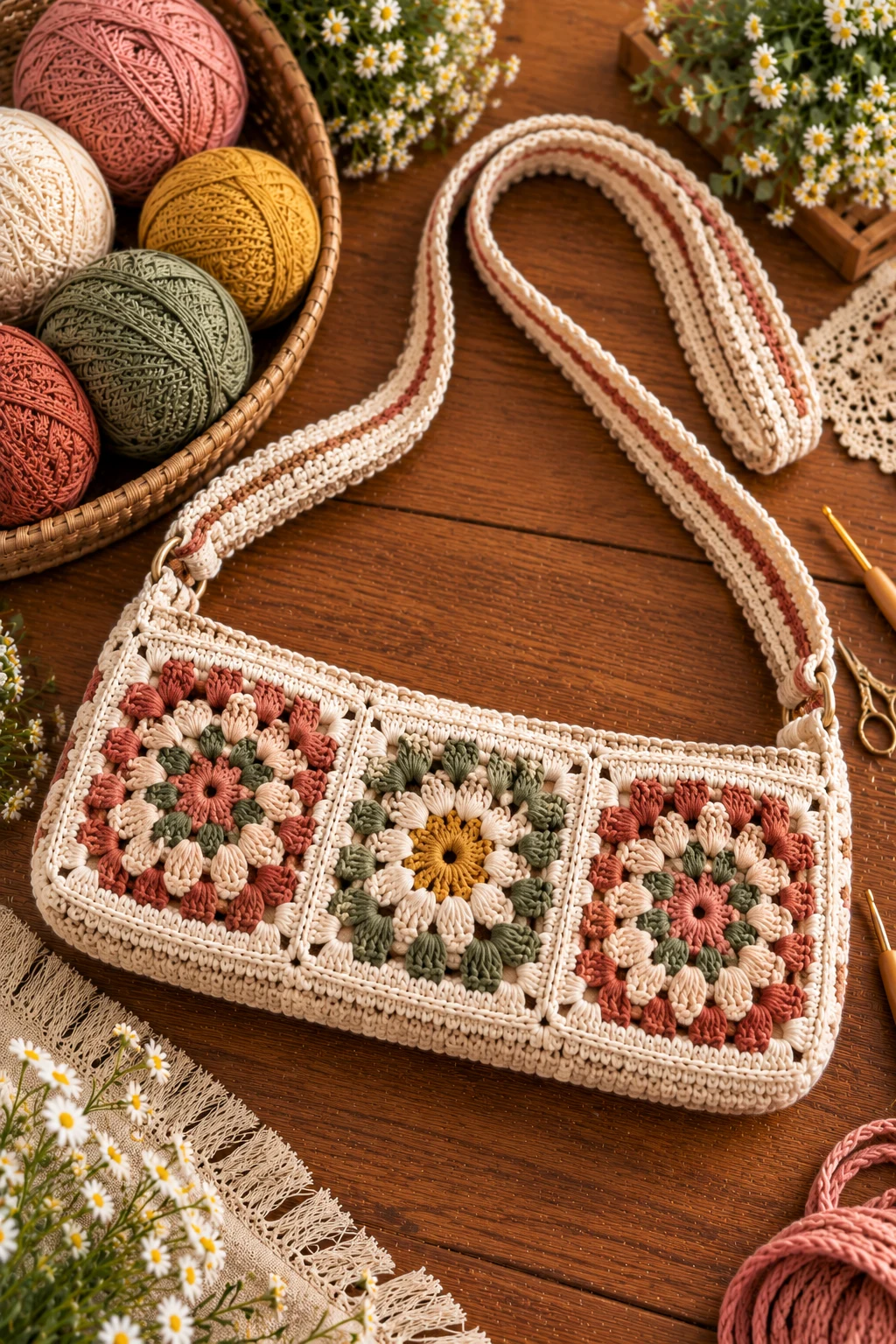 Three-Square Shoulder Bag — granny square crochet bag pattern style outfit